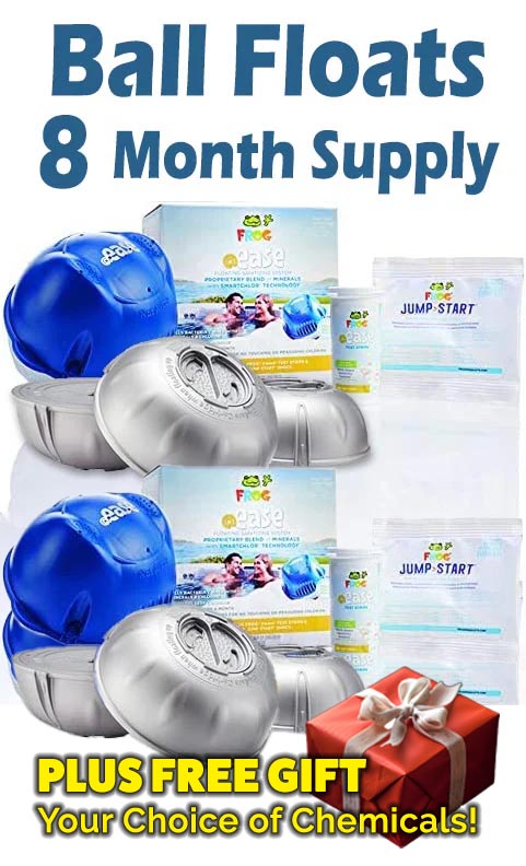 Frog @Ease Floating Sanitizing System (8 Month Kit) with 1 Free Gift. Total of 2 Mineral, 8 Smart Chlor Refills, 2 Bottles of test strips, and 2 packets of Jump Start.