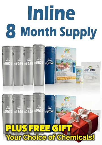 Frog @Ease In-line Sanitizing System (8 Month Kit) with 1 Free Gift. Total of 2 Mineral, 8 Smart Chlor Refills, 2 Bottles of test strips, and 2 packets of Jump Start.